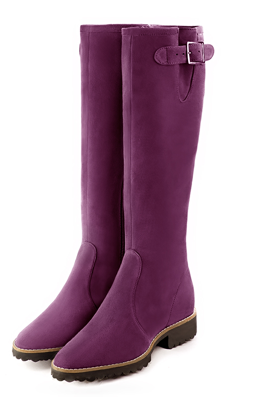 French elegance and refinement for these mulberry purple knee-high boots with buckles, 
                available in many subtle leather and colour combinations. Record your foot and leg measurements.
We will adjust this beautiful boot with inner zip to your leg measurements in height and width.
The outer buckle allows for width adjustment.
You can customise the boot with your own materials, colours and heels on the "My Favourites" page.
 
                Made to measure. Especially suited to thin or thick calves.
                Matching clutches for parties, ceremonies and weddings.   
                You can customize these knee-high boots to perfectly match your tastes or needs, and have a unique model.  
                Choice of leathers, colours, knots and heels. 
                Wide range of materials and shades carefully chosen.  
                Rich collection of flat, low, mid and high heels.  
                Small and large shoe sizes - Florence KOOIJMAN